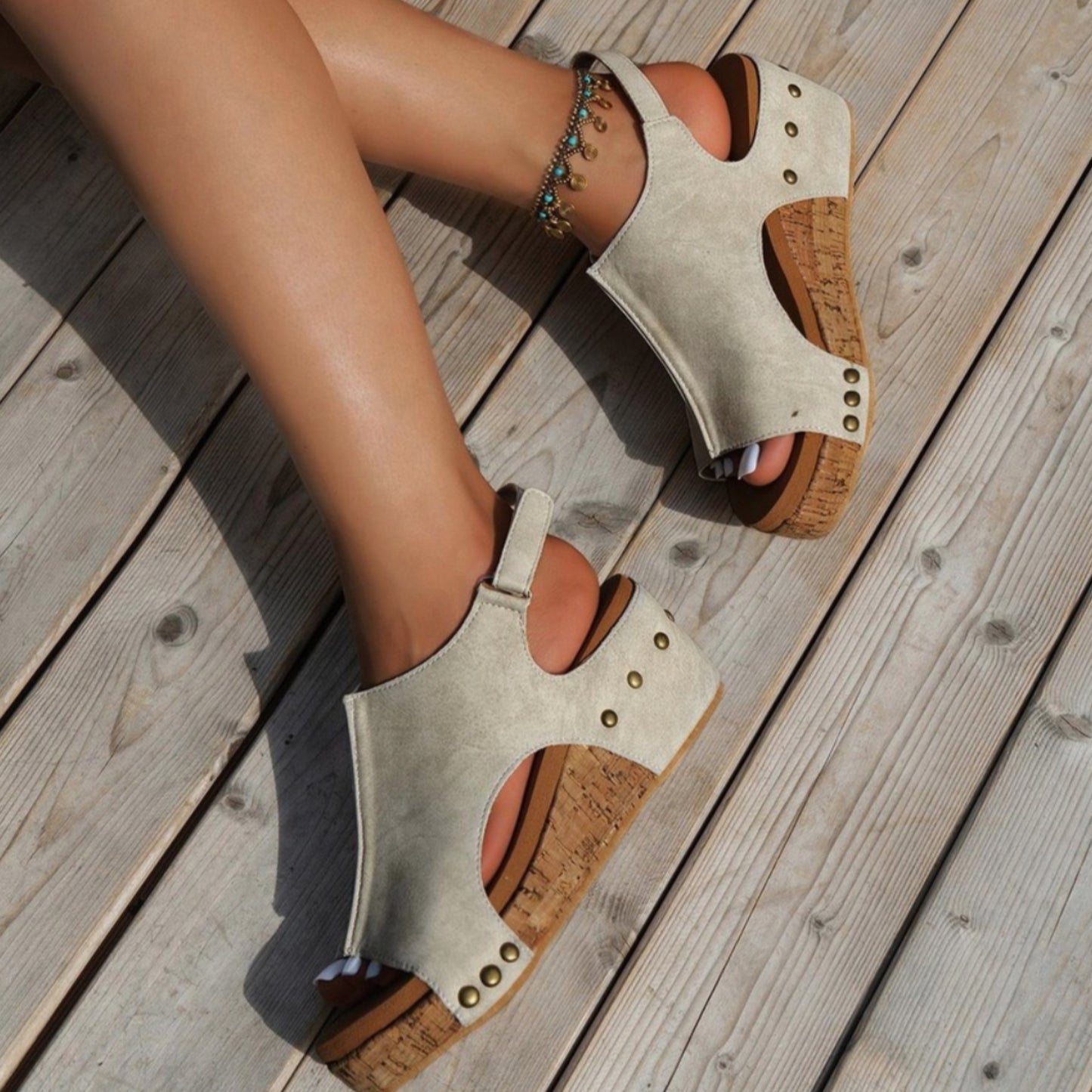 Boho Belle Studded Leather Wedge Sandals